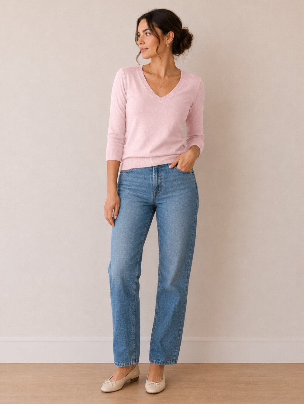 Pink M&S 3/4 sleeve v-neck sweater